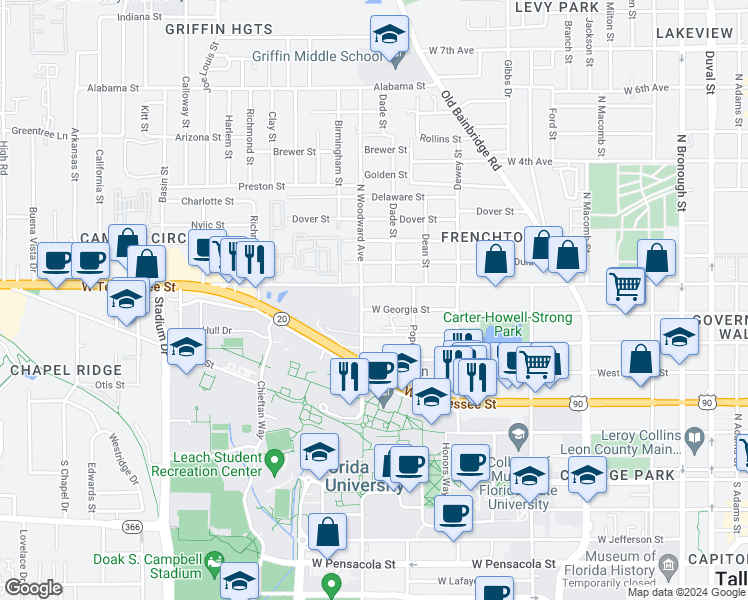 map of restaurants, bars, coffee shops, grocery stores, and more near 826 West Georgia Street in Tallahassee