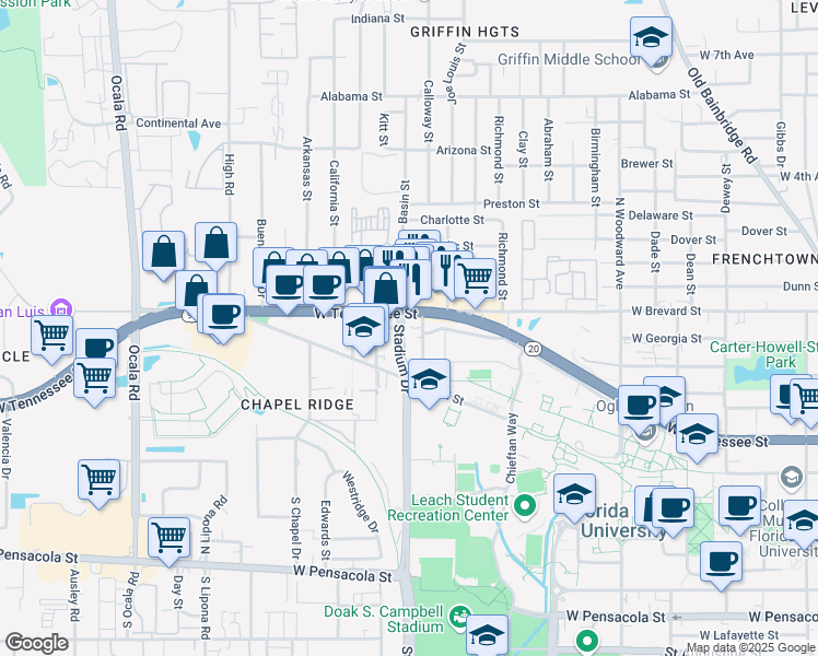 map of restaurants, bars, coffee shops, grocery stores, and more near 1425 West Tennessee Street in Tallahassee