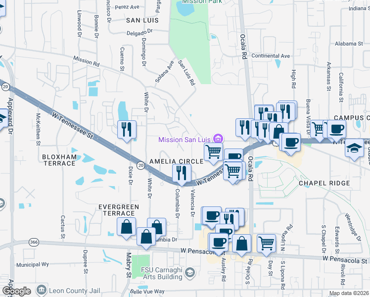 map of restaurants, bars, coffee shops, grocery stores, and more near 2179 Timberwood Circle South in Tallahassee