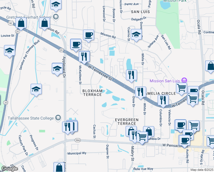 map of restaurants, bars, coffee shops, grocery stores, and more near 2527 West Tennessee Street in Tallahassee