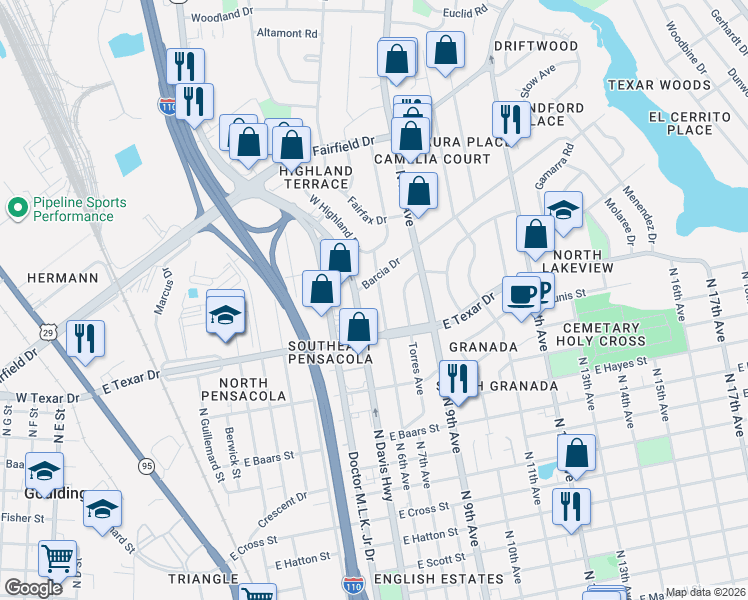 map of restaurants, bars, coffee shops, grocery stores, and more near 3210 North 6th Avenue in Pensacola