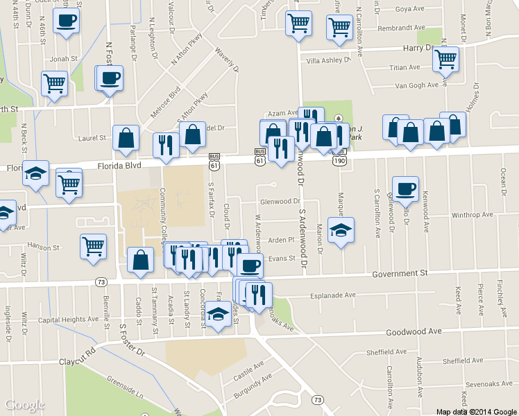 map of restaurants, bars, coffee shops, grocery stores, and more near in Baton Rouge
