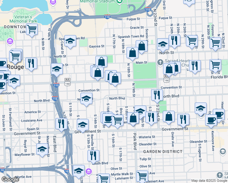 map of restaurants, bars, coffee shops, grocery stores, and more near 129 North 17th Street in Baton Rouge