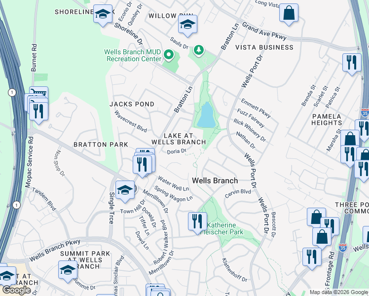 map of restaurants, bars, coffee shops, grocery stores, and more near 14992 Doria Drive in Austin