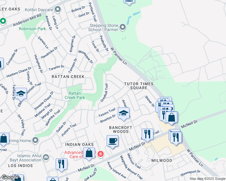 map of restaurants, bars, coffee shops, grocery stores, and more near 7105 Rock Springs Cove in Austin