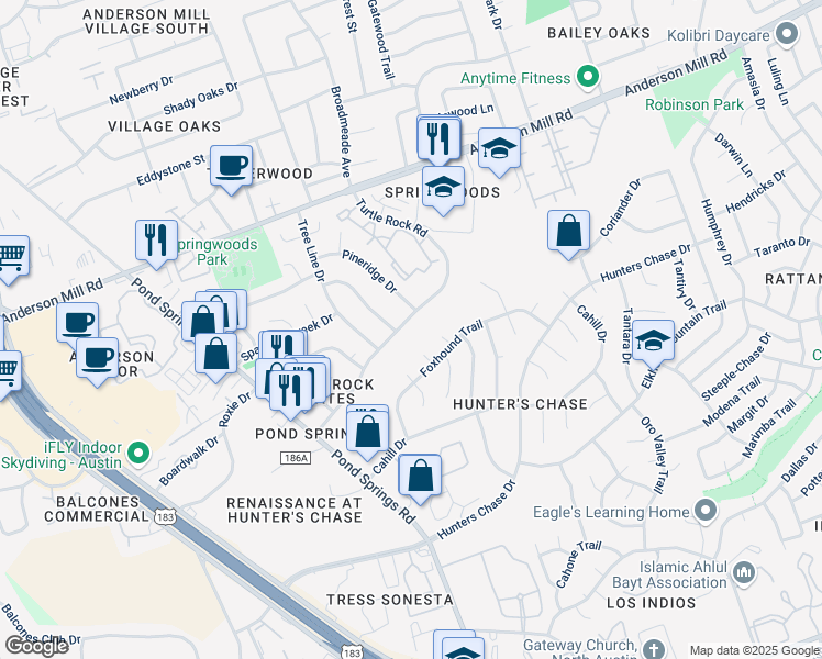 map of restaurants, bars, coffee shops, grocery stores, and more near 12601 Turtle Rock Road in Austin