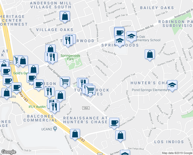 map of restaurants, bars, coffee shops, grocery stores, and more near 8805 Sparkling Creek Drive in Austin