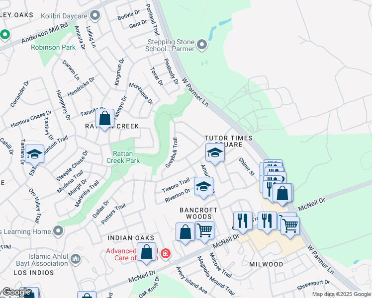 map of restaurants, bars, coffee shops, grocery stores, and more near 7105 Rock Springs Cove in Austin
