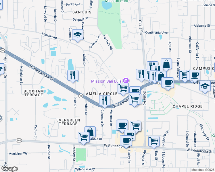 map of restaurants, bars, coffee shops, grocery stores, and more near 2179 Timberwood Circle South in Tallahassee