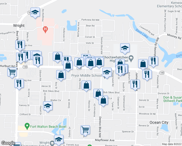 map of restaurants, bars, coffee shops, grocery stores, and more near 144 Air Force Street in Fort Walton Beach