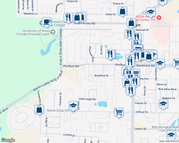 map of restaurants, bars, coffee shops, grocery stores, and more near 965 Scenic Oak Lane in Fort Walton Beach