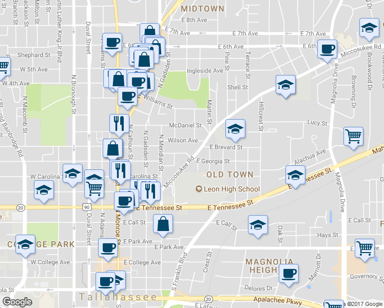 map of restaurants, bars, coffee shops, grocery stores, and more near 560 East Georgia Street in Tallahassee