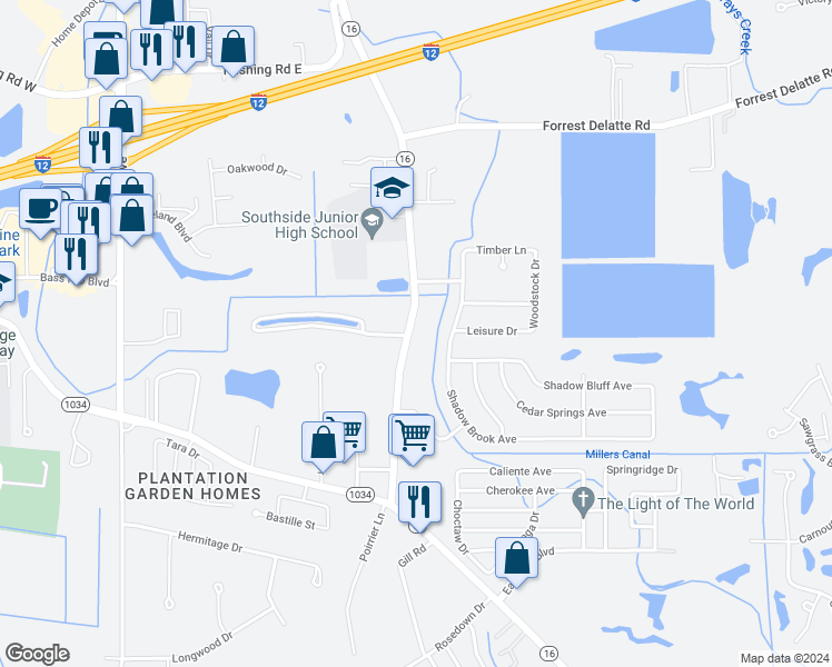 map of restaurants, bars, coffee shops, grocery stores, and more near 26300 Louisiana 16 in Denham Springs