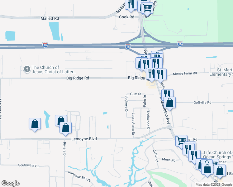 map of restaurants, bars, coffee shops, grocery stores, and more near 14205 Big Ridge Rd in Biloxi