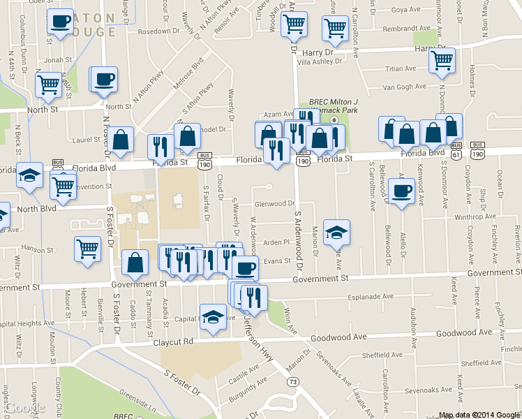 map of restaurants, bars, coffee shops, grocery stores, and more near 5844 Glenwood Dr in Baton Rouge