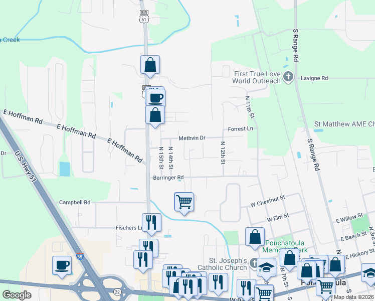 map of restaurants, bars, coffee shops, grocery stores, and more near 806 Saint Joseph Street in Ponchatoula