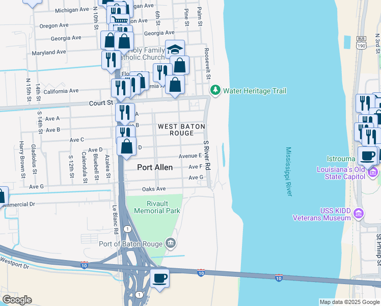 map of restaurants, bars, coffee shops, grocery stores, and more near 410 Avenue East in Port Allen