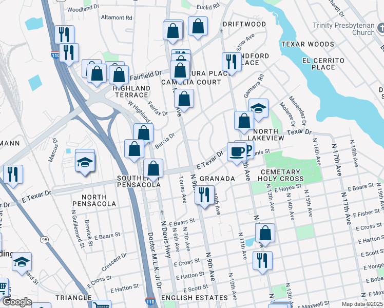 map of restaurants, bars, coffee shops, grocery stores, and more near 3608 North 9th Avenue in Pensacola