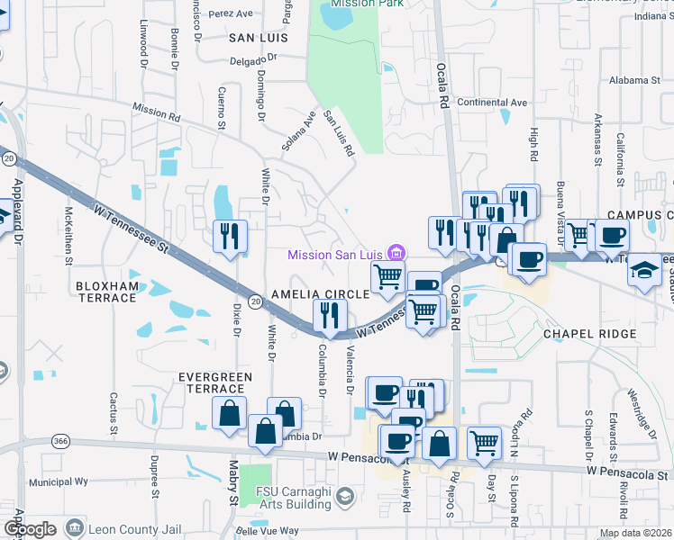 map of restaurants, bars, coffee shops, grocery stores, and more near 2179 Timberwood Circle South in Tallahassee