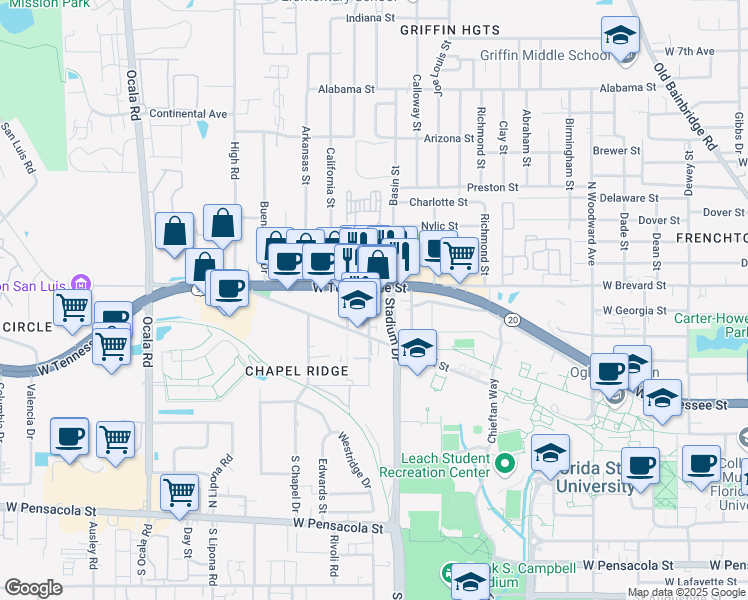 map of restaurants, bars, coffee shops, grocery stores, and more near 26 Slusher Street in Tallahassee