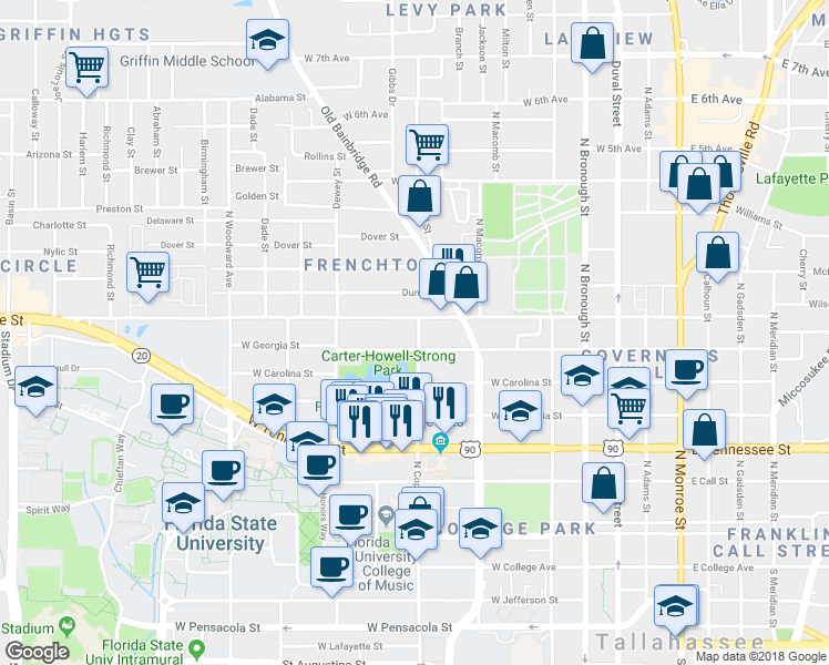 map of restaurants, bars, coffee shops, grocery stores, and more near 612 North Copeland Street in Tallahassee