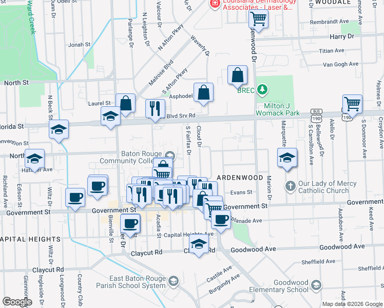 map of restaurants, bars, coffee shops, grocery stores, and more near 261 South Fairfax Drive in Baton Rouge