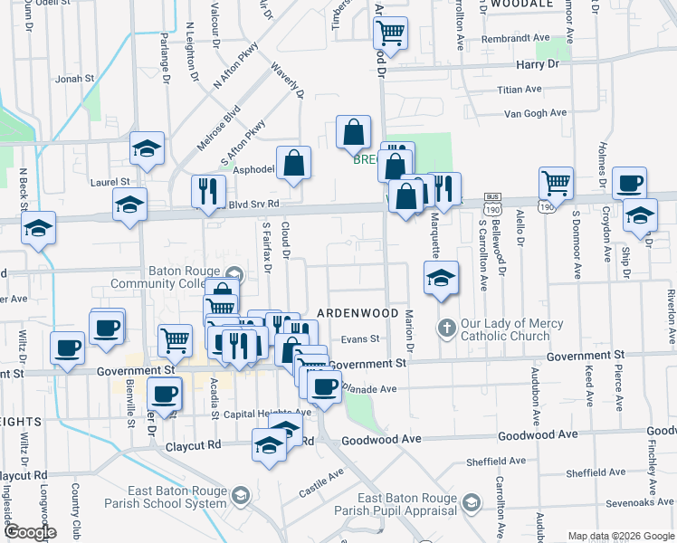map of restaurants, bars, coffee shops, grocery stores, and more near 5844 Glenwood Drive in Baton Rouge
