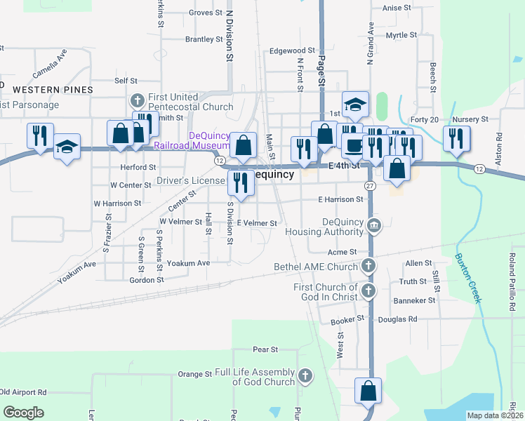 map of restaurants, bars, coffee shops, grocery stores, and more near 305 E Harrison St in DeQuincy