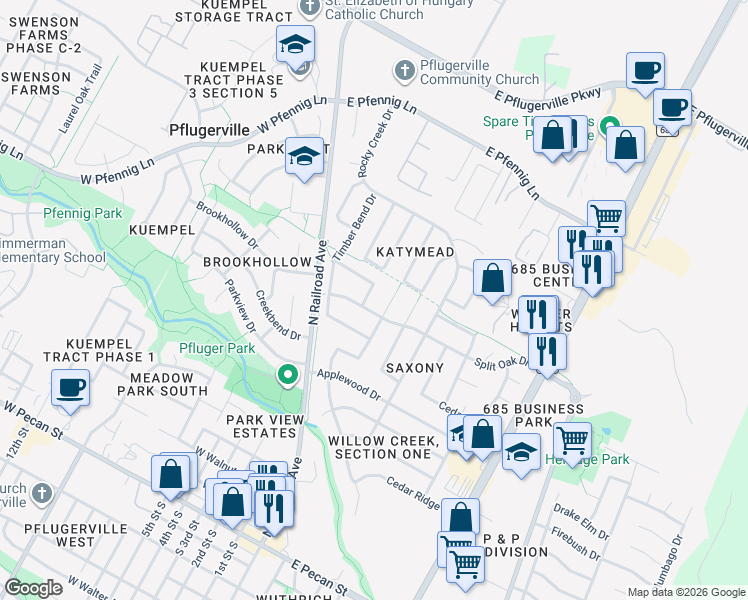 map of restaurants, bars, coffee shops, grocery stores, and more near 1101 Teakwood Trail in Pflugerville