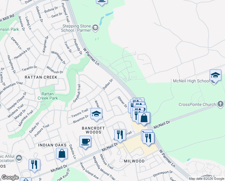 map of restaurants, bars, coffee shops, grocery stores, and more near 6810 Luckenbach Lane in Austin