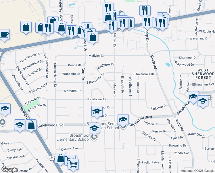 map of restaurants, bars, coffee shops, grocery stores, and more near 632 Summit Ridge Drive in Baton Rouge