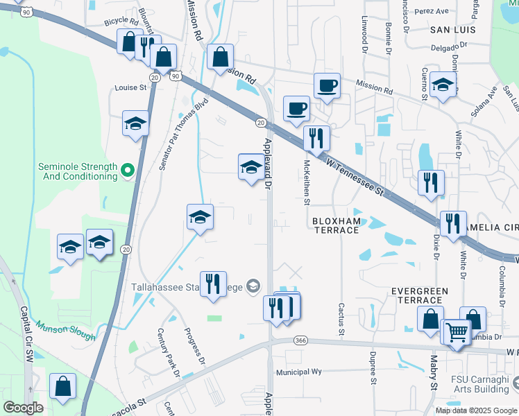 map of restaurants, bars, coffee shops, grocery stores, and more near 500 Appleyard Drive in Tallahassee