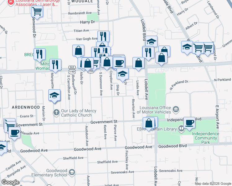 map of restaurants, bars, coffee shops, grocery stores, and more near 250 Ship Drive in Baton Rouge
