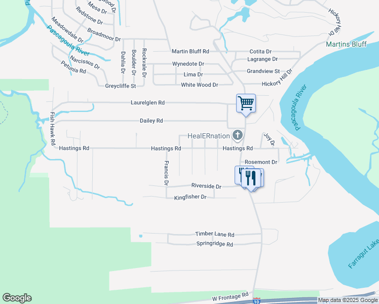 map of restaurants, bars, coffee shops, grocery stores, and more near 1617 Hastings Road in Gautier