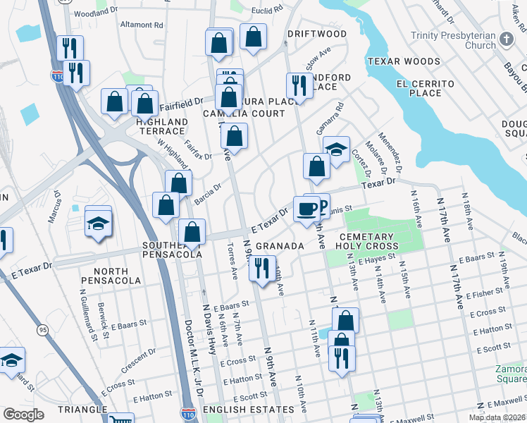map of restaurants, bars, coffee shops, grocery stores, and more near 101 Ariola Avenue in Pensacola
