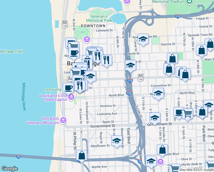 map of restaurants, bars, coffee shops, grocery stores, and more near 717 Convention Street in Baton Rouge