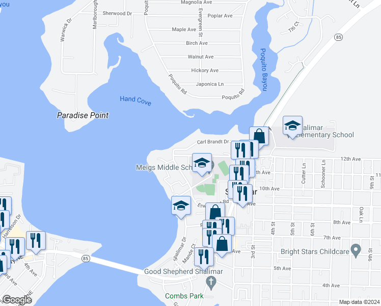 map of restaurants, bars, coffee shops, grocery stores, and more near 177 Richbourg Avenue in Shalimar