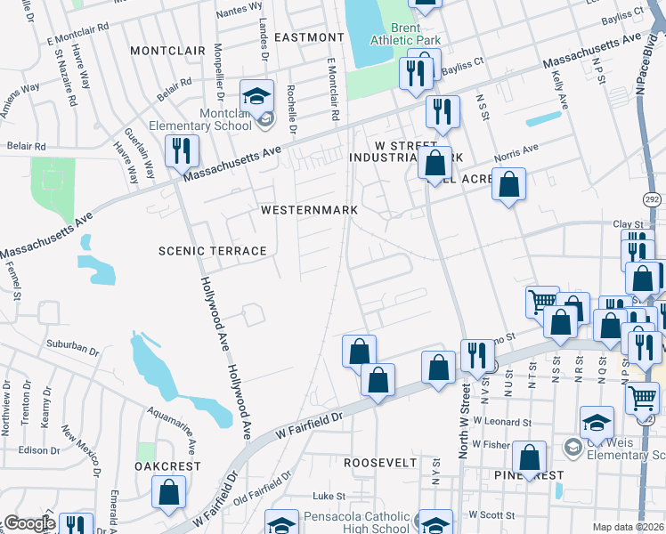 map of restaurants, bars, coffee shops, grocery stores, and more near 1205 El Paso Circle in Pensacola