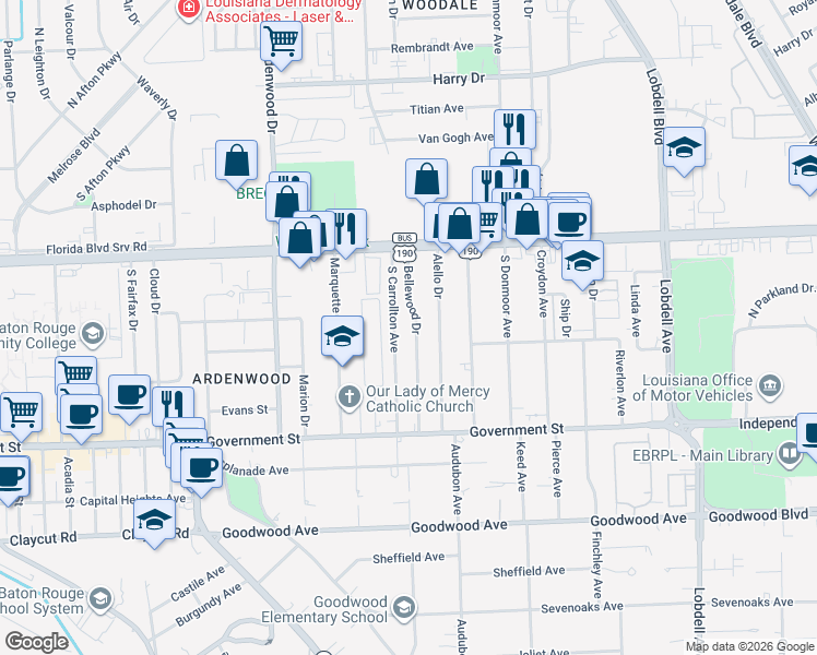 map of restaurants, bars, coffee shops, grocery stores, and more near 240 Bellewood Drive in Baton Rouge