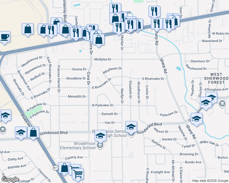 map of restaurants, bars, coffee shops, grocery stores, and more near 632 Summit Ridge Drive in Baton Rouge