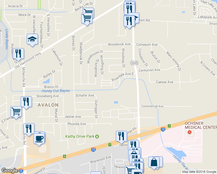 map of restaurants, bars, coffee shops, grocery stores, and more near 15572 Riverdale Avenue East in Baton Rouge