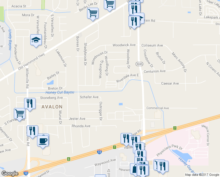 map of restaurants, bars, coffee shops, grocery stores, and more near 15566 Riverdale Avenue East in Baton Rouge
