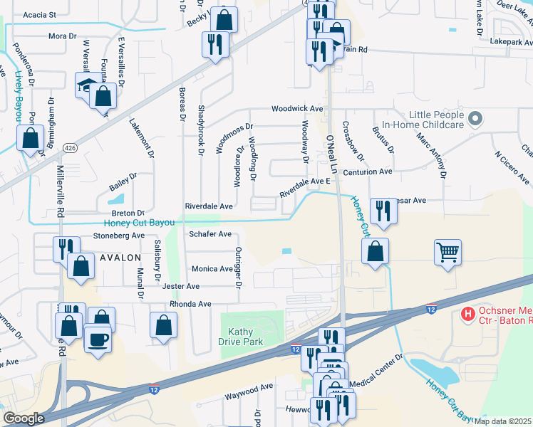 map of restaurants, bars, coffee shops, grocery stores, and more near 15566 Riverdale Avenue East in Baton Rouge