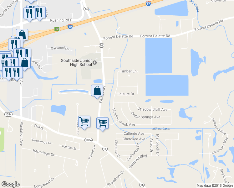 map of restaurants, bars, coffee shops, grocery stores, and more near 8829 Leisure Drive in Denham Springs