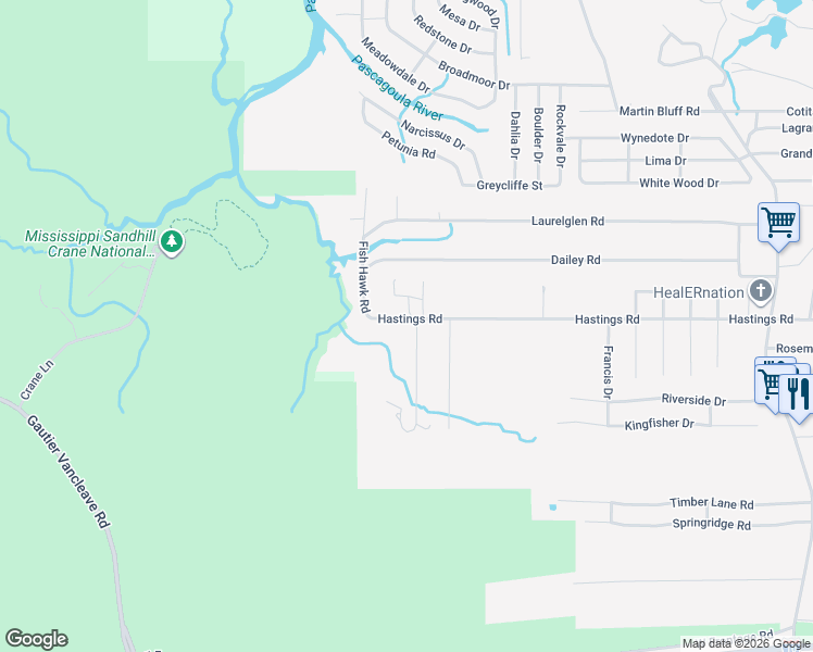 map of restaurants, bars, coffee shops, grocery stores, and more near 2225 Hastings Road in Gautier