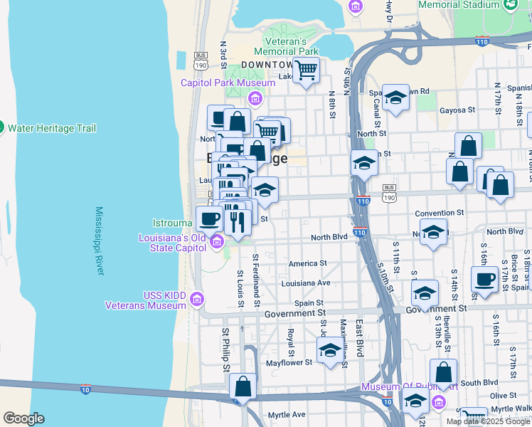 map of restaurants, bars, coffee shops, grocery stores, and more near 205 North 4th Street in Baton Rouge