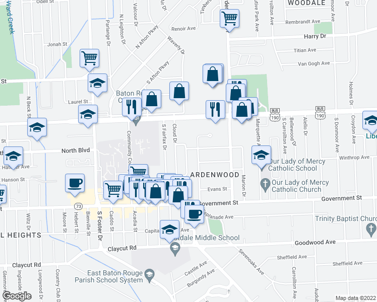 map of restaurants, bars, coffee shops, grocery stores, and more near 5784 Glenwood Drive in Baton Rouge