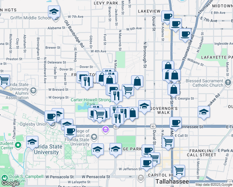 map of restaurants, bars, coffee shops, grocery stores, and more near 448 West Georgia Street in Tallahassee