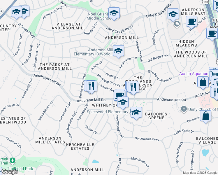map of restaurants, bars, coffee shops, grocery stores, and more near 10502 Wagon Gap Drive in Austin