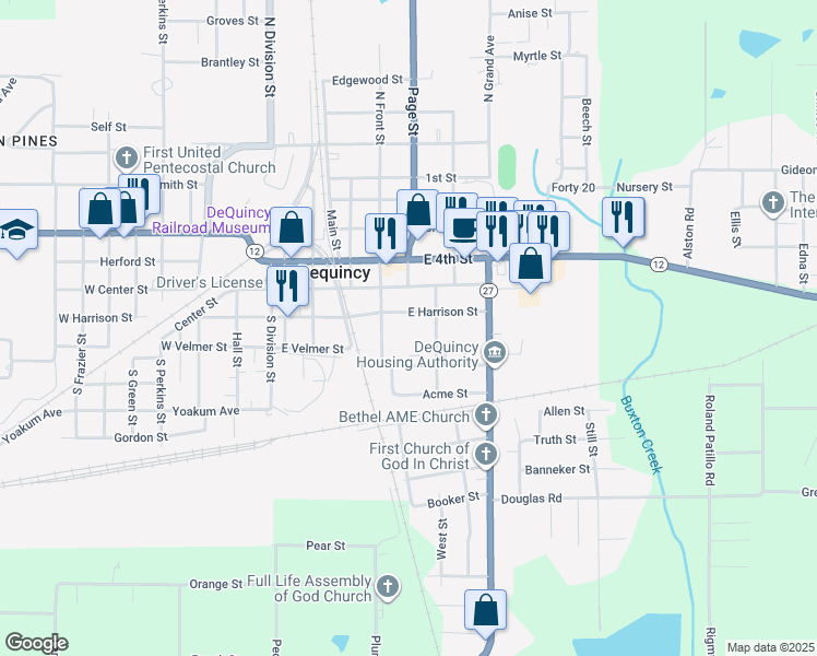 map of restaurants, bars, coffee shops, grocery stores, and more near 509 E Harrison St in DeQuincy